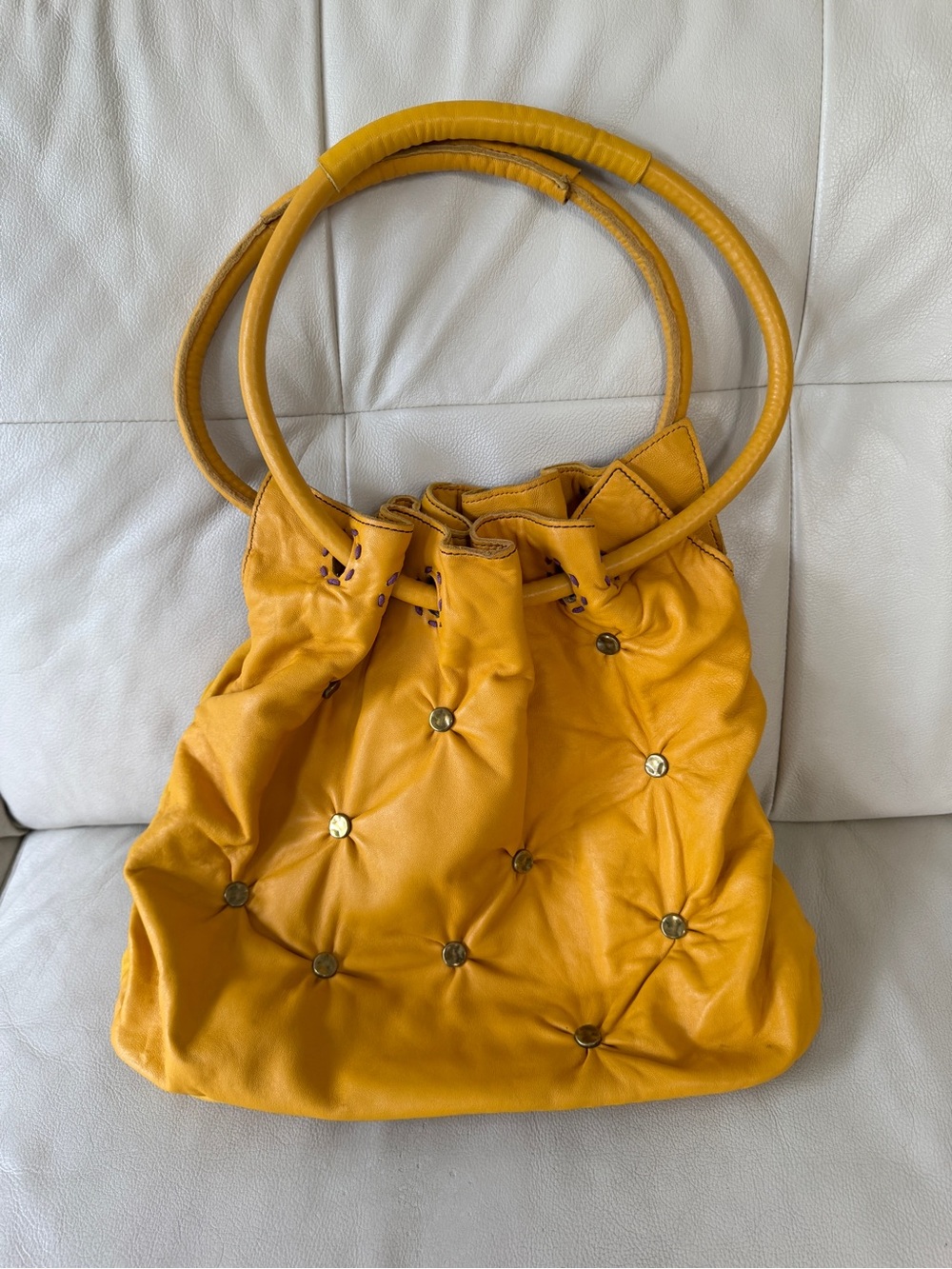Anthropologie Sunflower Yellow Ruched Leather Bucket Bag Hobo Tote Purse